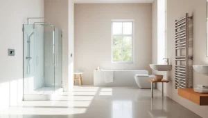 Sonni sanitär Produkte in modernem Badezimmerdesign präsentieren stilvolle Duschkabinen und Heizkörper.