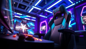 Rasakan sensasi bermain bensu4d game dalam sebuah ruang gaming futuristik yang penuh warna.