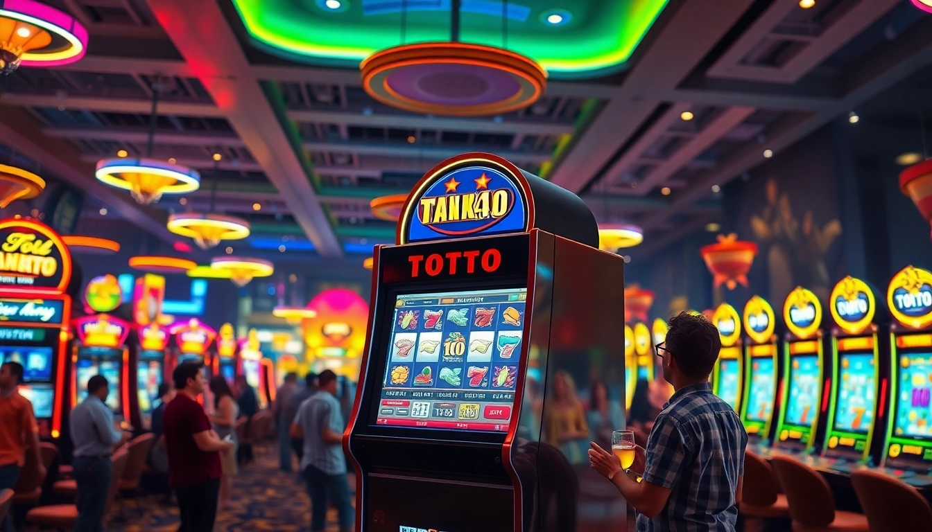 Menggunakan tank4d toto slot di kasino yang ramai dengan pemain dan mesin slot berwarna-warni.