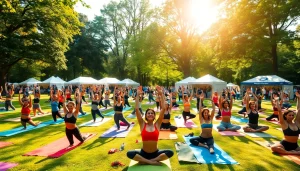 Participants stretching and enjoying a yoga festival in a vibrant outdoor park.
