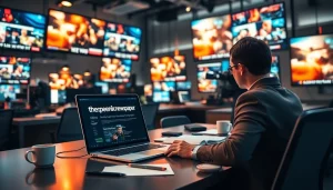 The thephoenixnewspaper journalist completing a story in a modern newsroom, surrounded by equipment.