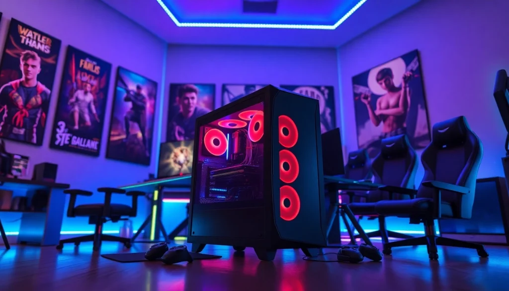Menggambarkan daftar ggsoft game dengan setup gaming profesional yang canggih, menampilkan pencahayaan RGB yang cerah.