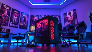 Menggambarkan daftar ggsoft game dengan setup gaming profesional yang canggih, menampilkan pencahayaan RGB yang cerah.
