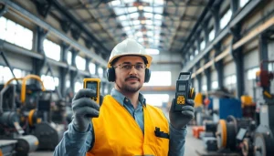 Technician performing a noise assessment survey in an industrial setting with sound level meters.