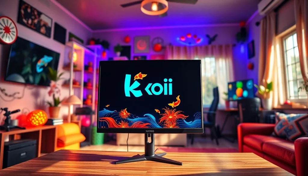 Jelajahi dunia koi800 dengan tampilan menarik pada setup gaming yang berwarna-warni.