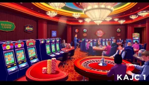 KJC AC 1 casino scene with vibrant tables, colorful slot machines, and poker chips.