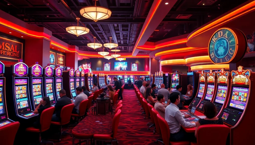 คาสิโนที่มีผู้เล่นพนันกำลังสนุกสนานด้วยเครื่องสล็อตและโต๊ะพนันสด
