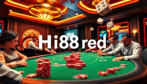 Dive into the thrill of Hi88 red at an exciting poker table with vibrant chips and cards.