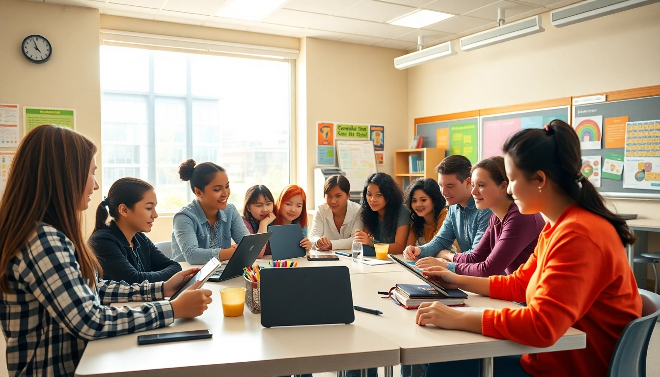 Students engaging in collaborative activities in a modern classroom centered on Education.