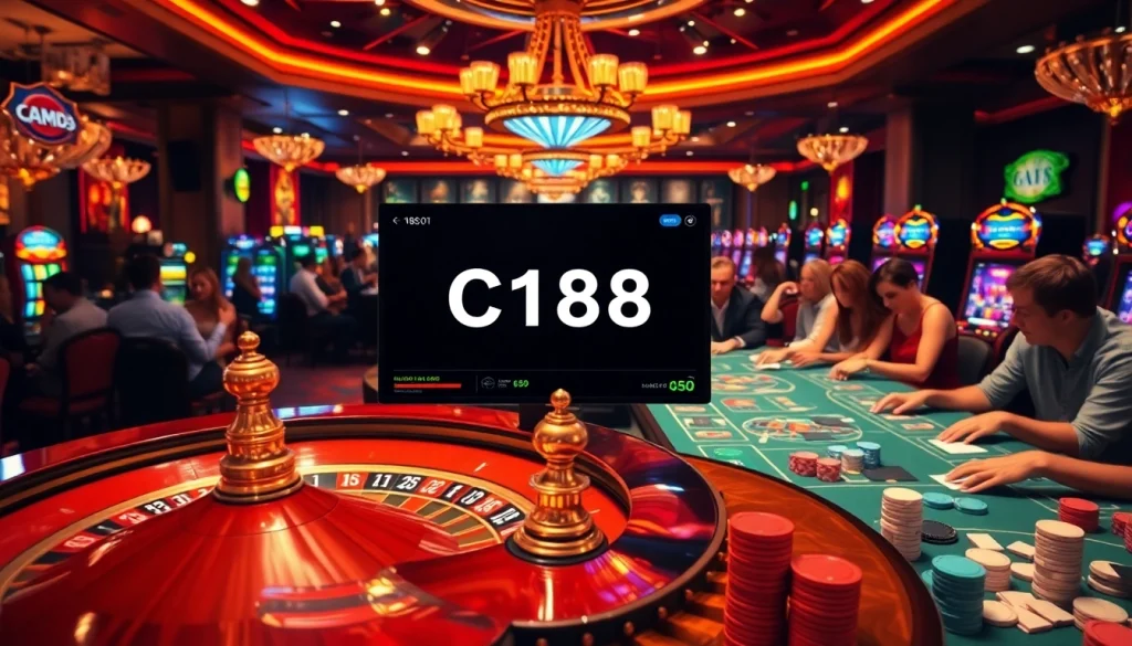 Experience C168's exciting casino vibe with poker tables, roulette wheels, and energetic players betting big.