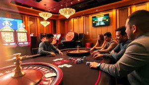 Engage with trực tiếp bóng đá at a lively poker game, showcasing players and vibrant casino chips.