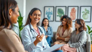 Engaging women discussing health matters at https://womens-health-advice.org in a welcoming clinic atmosphere.