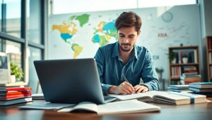 Showcase language translation services at https://www.elitetranslingo.com featuring a linguist in a modern workspace.