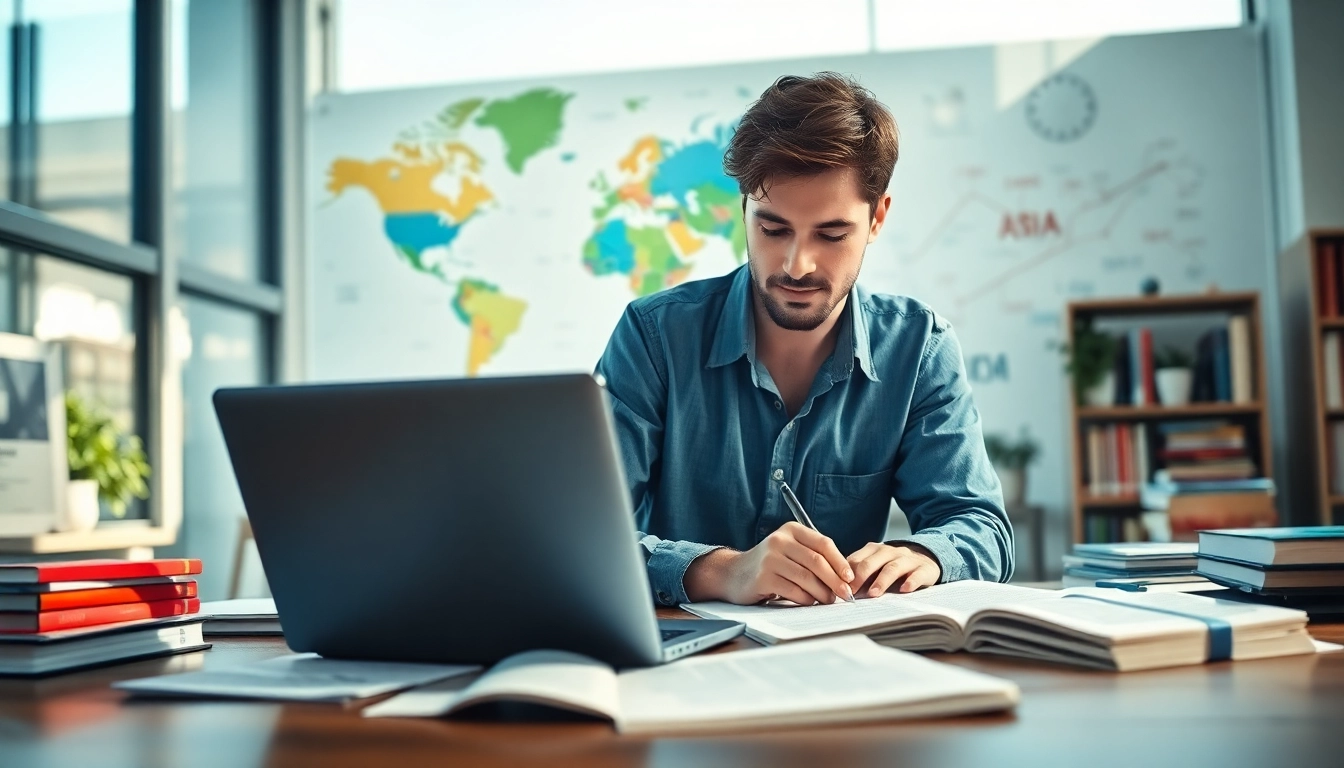 Showcase language translation services at https://www.elitetranslingo.com featuring a linguist in a modern workspace.