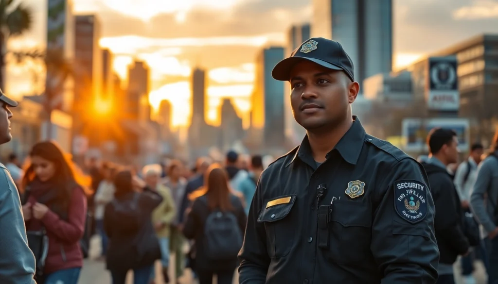 Security Guards engaged with community members, showcasing professionalism and vigilance in an urban environment.
