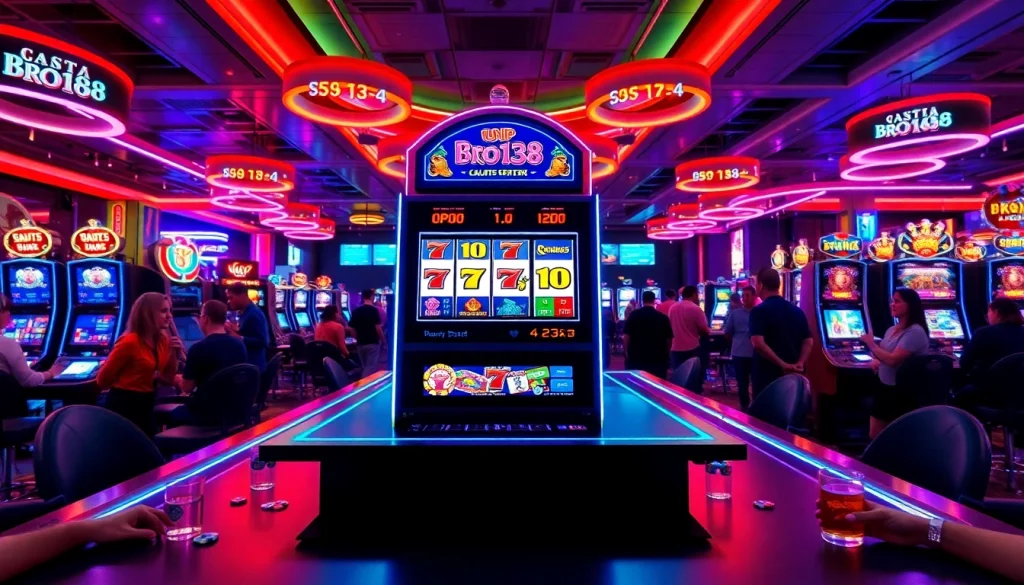 Menampilkan mesin slot bro138 slot yang memikat dan penuh warna di kasino yang ramai.