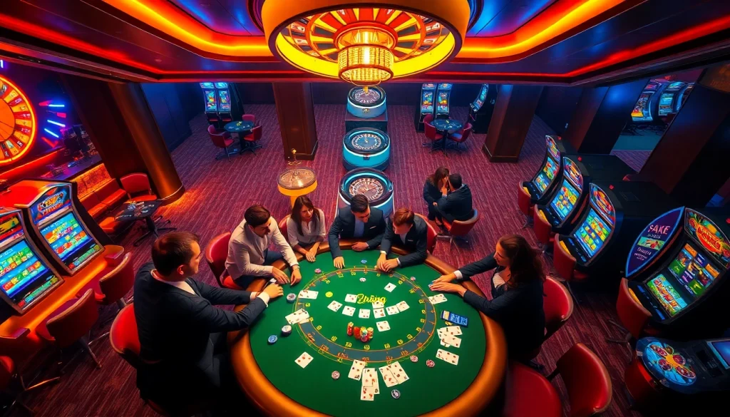 Action-packed scene at 79king casino with players enjoying poker games and vibrant slot machines.