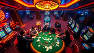 Action-packed scene at 79king casino with players enjoying poker games and vibrant slot machines.