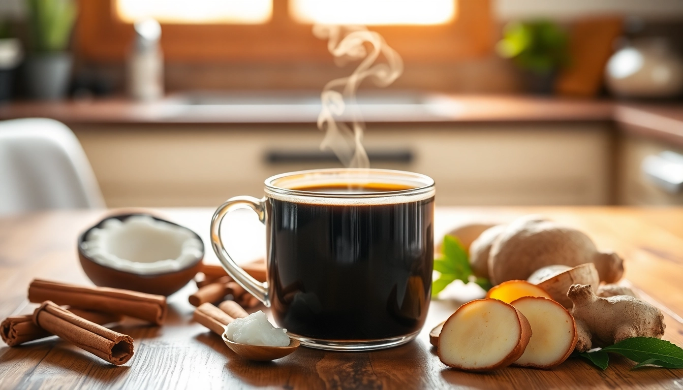 Mixing healthy ingredients in coffee for weight loss using ginger, cinnamon, and coconut oil.