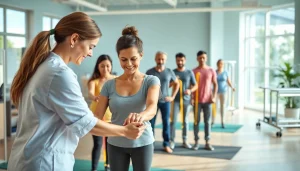 Health in Motion Rehabilitation: Engaged therapy session featuring diverse patients and supportive therapists.