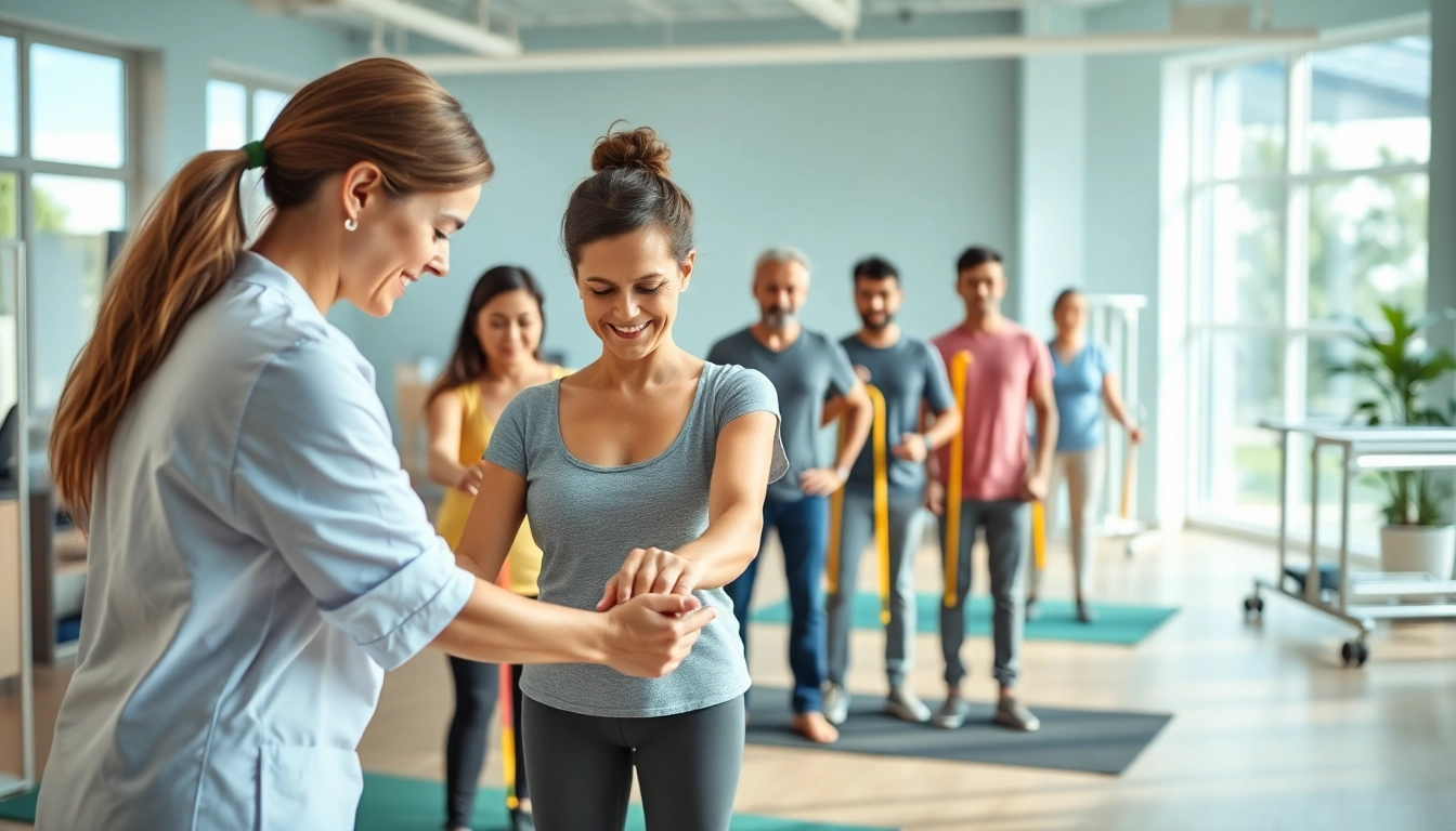 Health in Motion Rehabilitation: Engaged therapy session featuring diverse patients and supportive therapists.