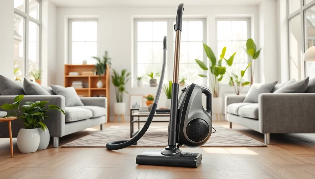 Vacuum cleaner enhancing a modern living room's cleanliness and style.