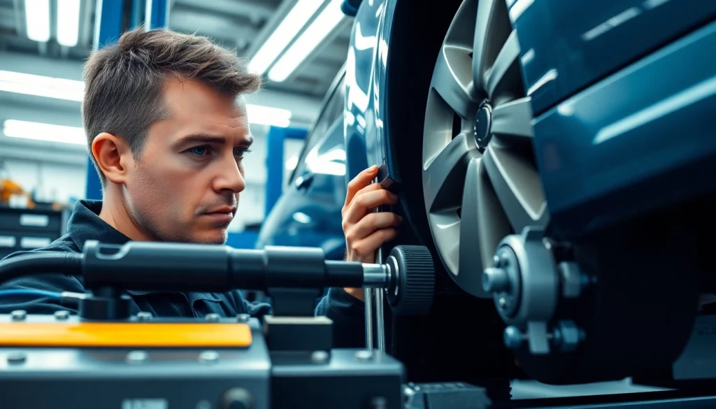 Techniker bei der achsvermessung berlin in einer modernen Werkstatt, präzise und effizient.