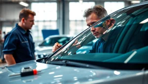 Auto glass shop near me showcasing a technician repairing a windshield in a professional garage.