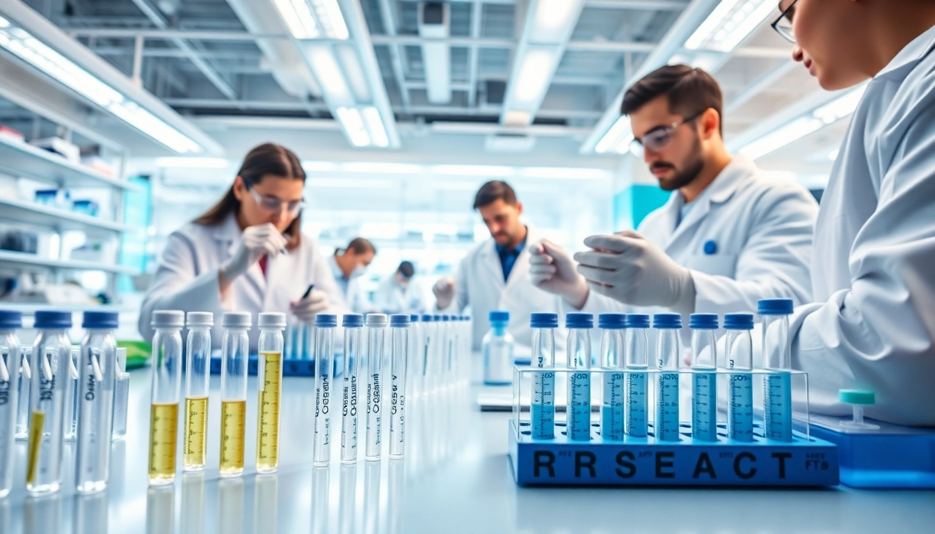 Analyzing research peptides in a professional laboratory setting with scientists at work.