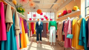 Explore stylish outfits in this colorful clothing store with vibrant designs.