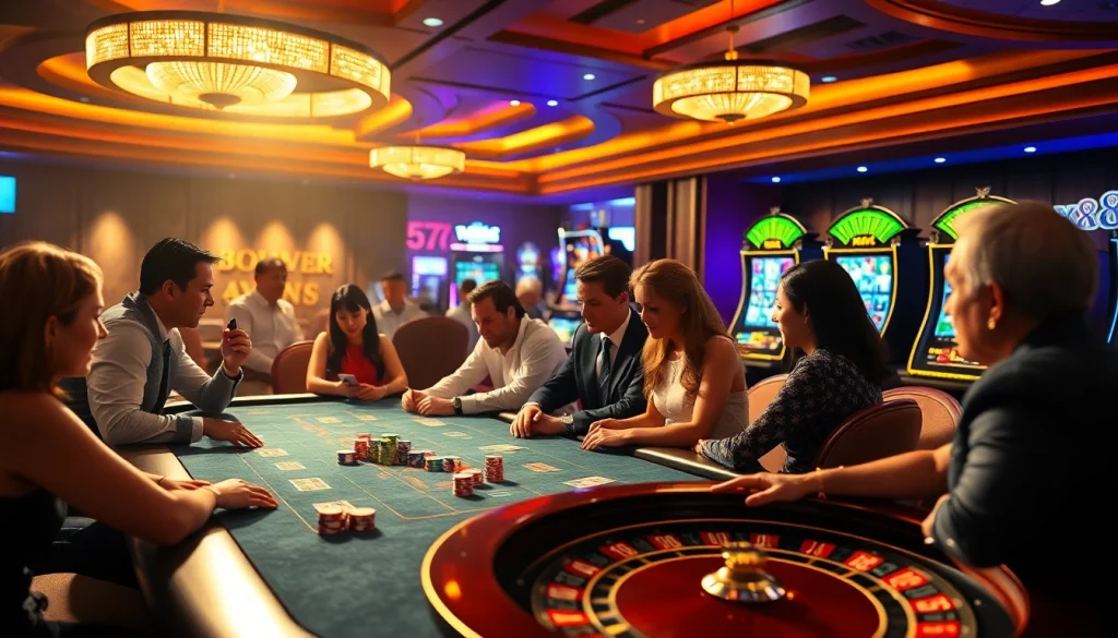 Exciting gaming scene at XX88 with poker players and vibrant casino elements.