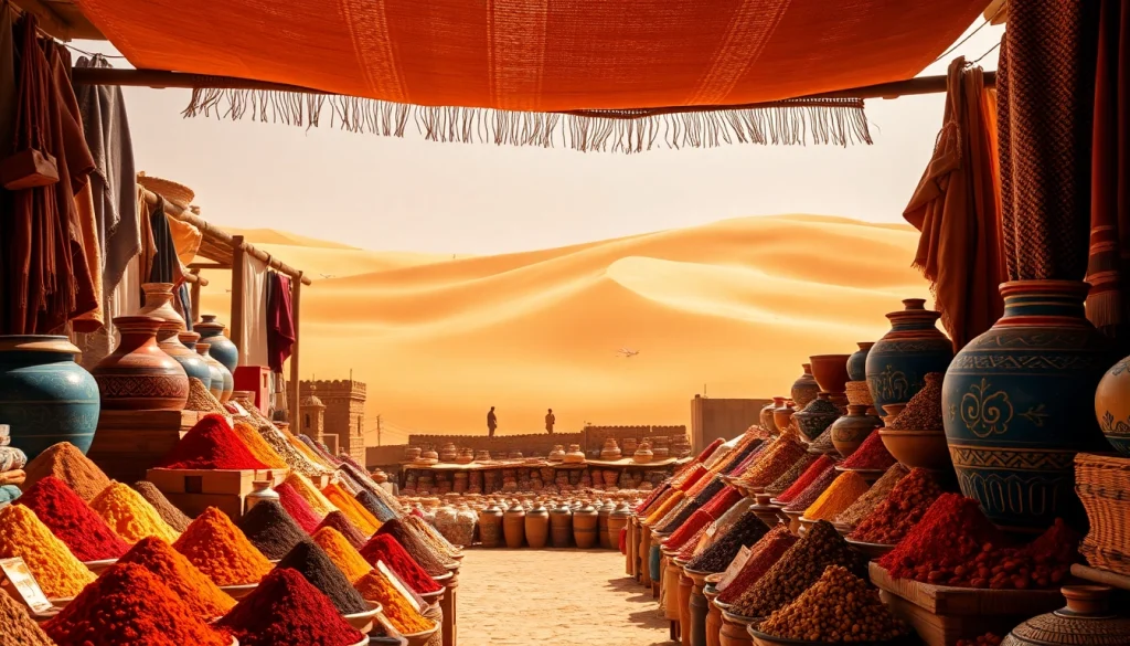 Experience vibrant Morocco travel at a bustling souk with colorful spices and golden Sahara dunes.
