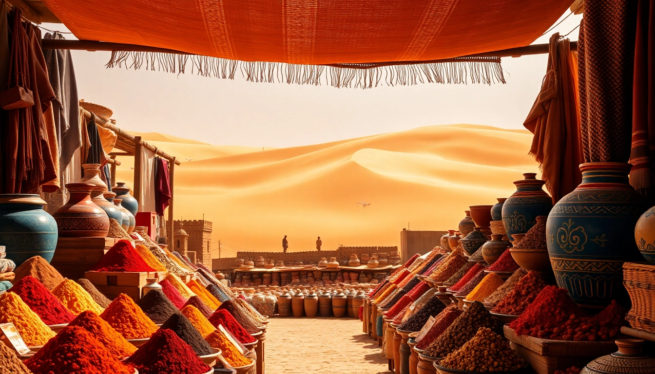 Experience vibrant Morocco travel at a bustling souk with colorful spices and golden Sahara dunes.