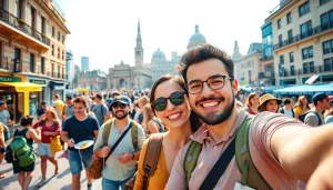 Capture travel moments with https://travelvixta.com in a vibrant urban setting filled with adventure.