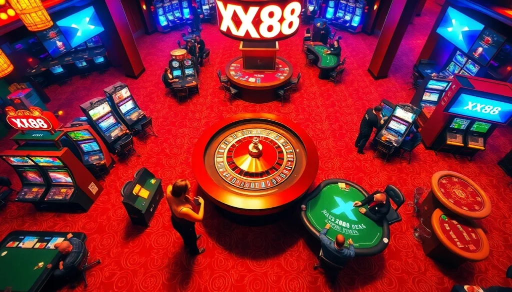 "Experience the thrill at XX88 casino with players enjoying roulette, slots, and poker tables."