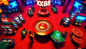 "Experience the thrill at XX88 casino with players enjoying roulette, slots, and poker tables."