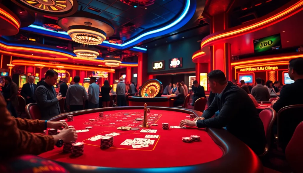 Experience the excitement of JBO at a vibrant poker tournament with players and chips.