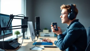 MV88 microphone in action, recording high-quality audio in a modern workspace.