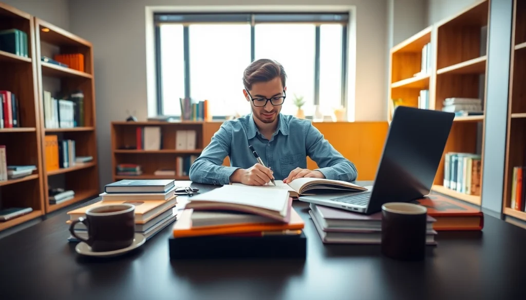 Redactare lucrare licenta - student lucrând cu seriozitate la birou, surroundat de cărți și laptop