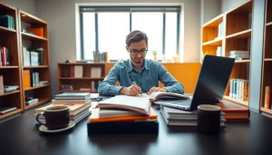 Redactare lucrare licenta - student lucrând cu seriozitate la birou, surroundat de cărți și laptop