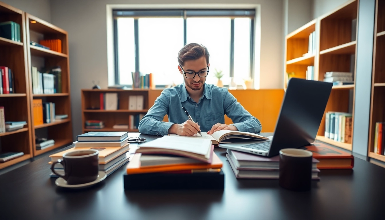 Redactare lucrare licenta - student lucrând cu seriozitate la birou, surroundat de cărți și laptop