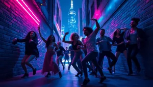 Experience the excitement of a Thriller dance performance set against a vibrant urban backdrop.