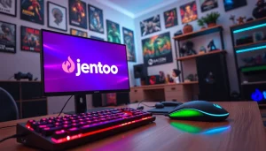 Jentoto menarik perhatian dengan set komputer gaming modern dan logo.