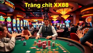 Experience the excitement with Trang chủ XX88 at a poker table, where players engage with vibrant poker chips and cards.