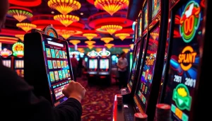 Slot mesin dengan pemain bersemangat menarik tuas di kasino yang ramai dengan lampu neon.