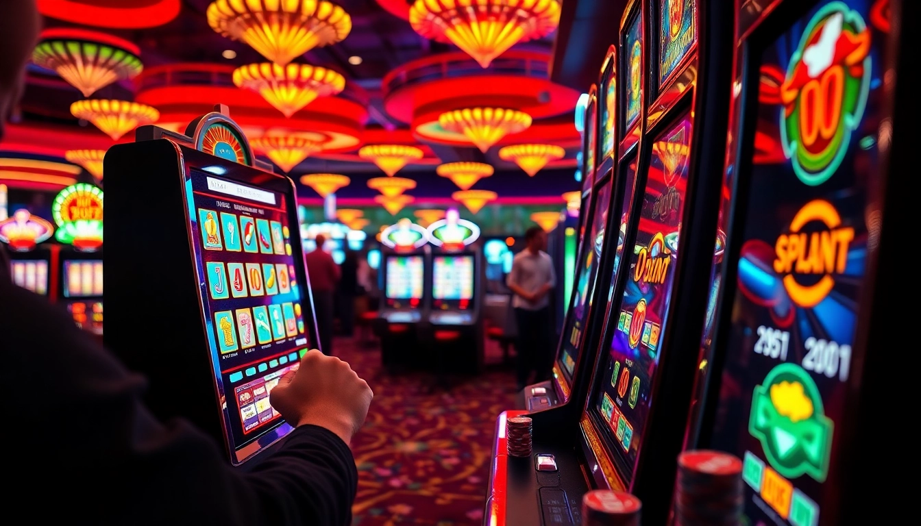 Slot mesin dengan pemain bersemangat menarik tuas di kasino yang ramai dengan lampu neon.