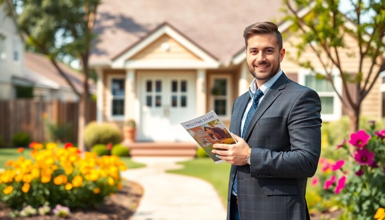 Real Estate agent showcasing a charming home for sale in a vibrant neighborhood.