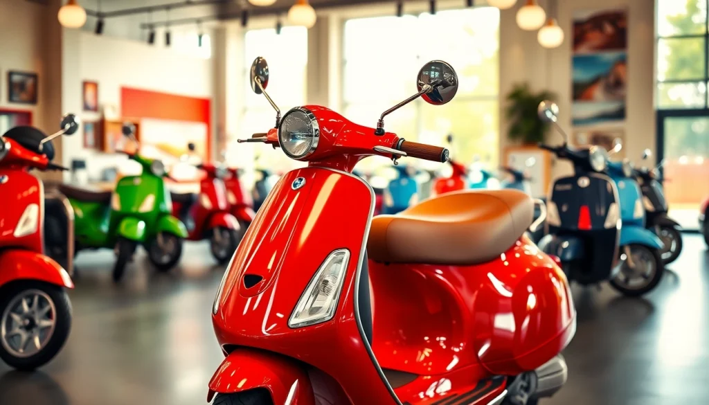 Vespa verkaufen in rollerzentrale münchen mit einer Vielzahl von bunten Rollern im Showroom.