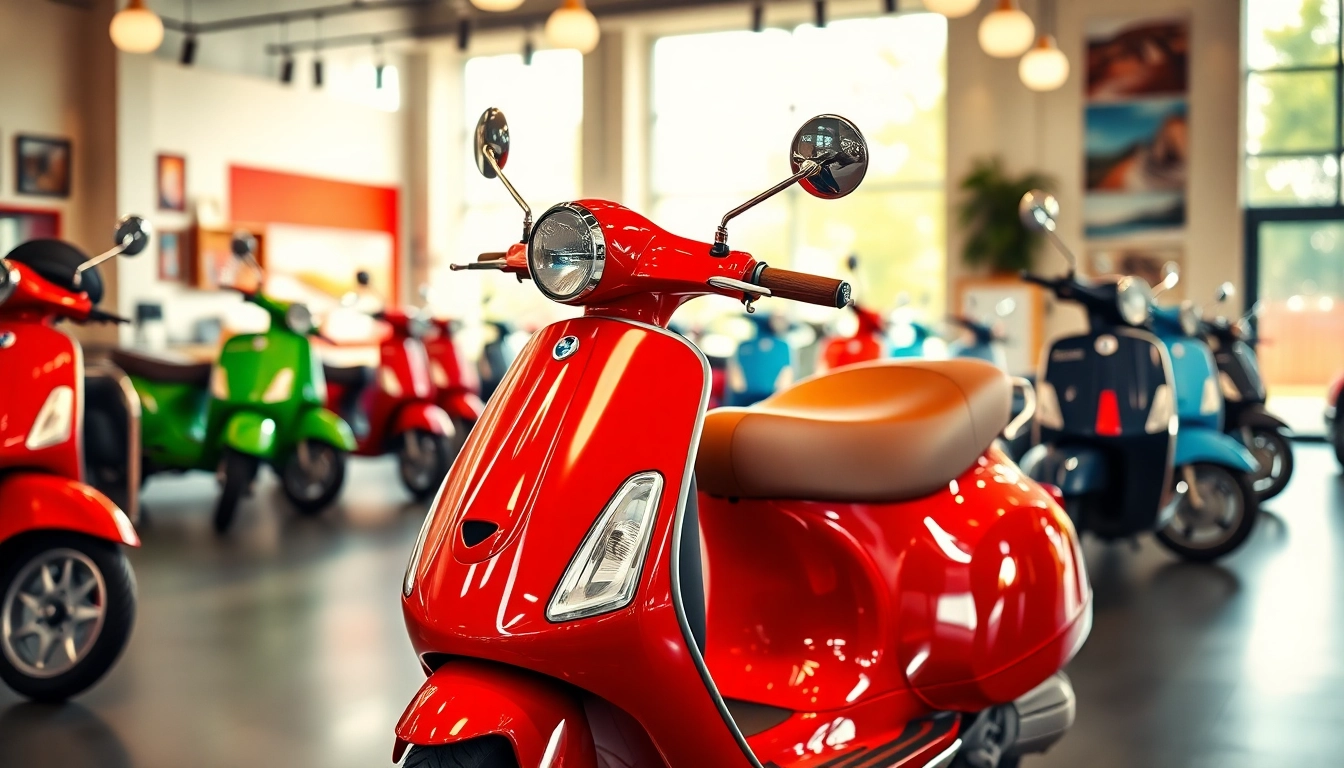 Vespa verkaufen in rollerzentrale münchen mit einer Vielzahl von bunten Rollern im Showroom.