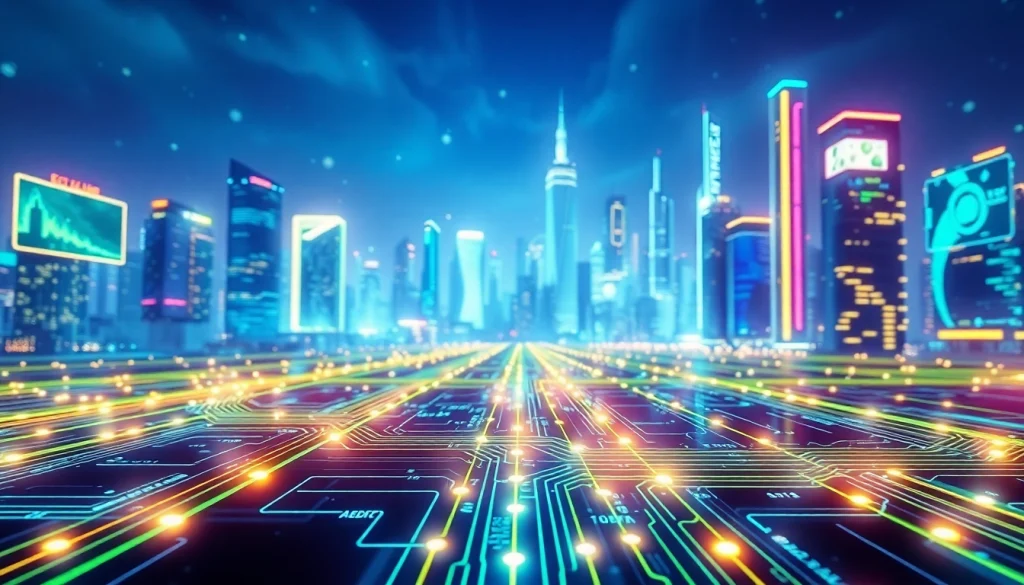 Menggambarkan jaringan digital https://152.42.170.247 dengan node terhubung di kota futuristik.